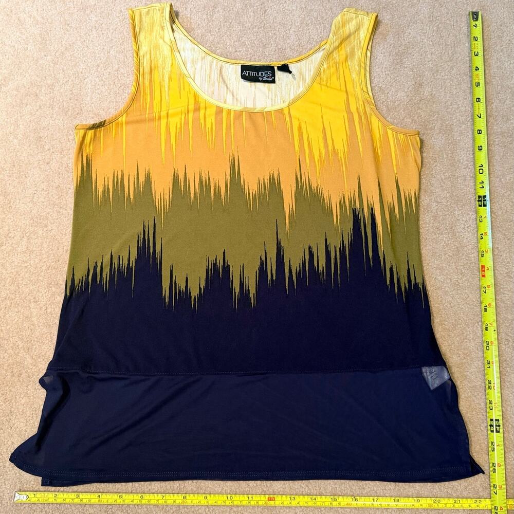 Attitudes by Renee Tank Top Women's Large Sleeveless Abstract Print Navy Yellow